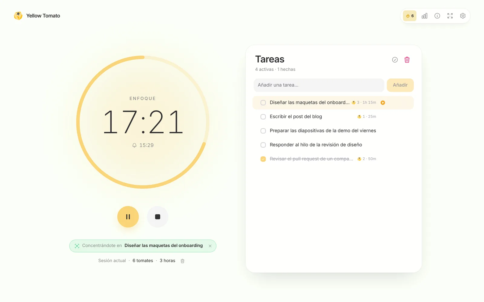 La vista a pantalla completa de la extensión de Chrome: un temporizador grande en 17:21, un aviso «Concentrándote en» con una tarea y una lista de tareas con los Pomodoros de cada una.