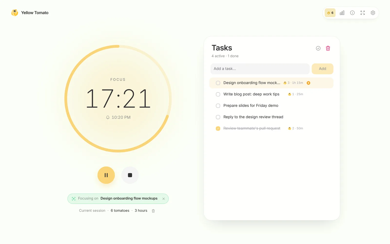 The Chrome extension’s full-screen view: a large timer at 17:21, a ‘Focusing on’ banner for a task, and a task list with Pomodoro counts per task.